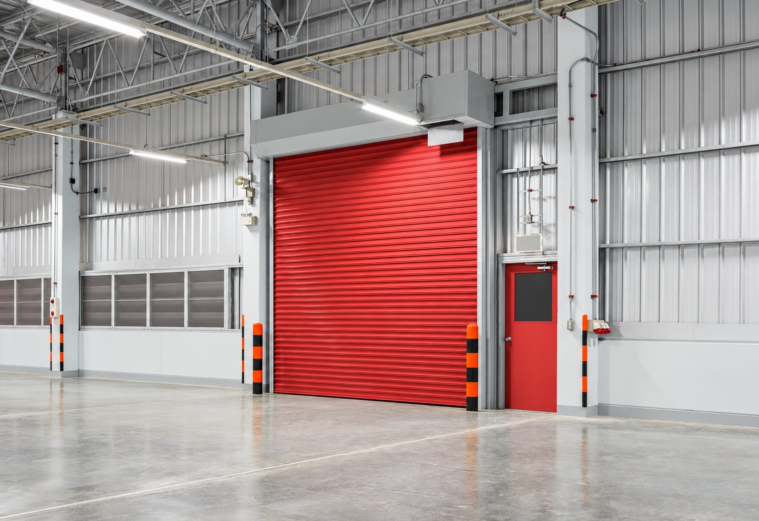 Un rideau métallique rouge et une porte rouge dans un grand entrepôt aux murs en tôle, avec un sol en béton et des bornes orange et noires.