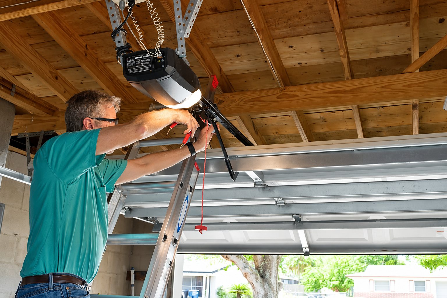 Un homme en t-shirt vert, monté sur une échelle, installe ou répare le moteur d'une porte de garage sectionnelle fixé au plafond en bois.